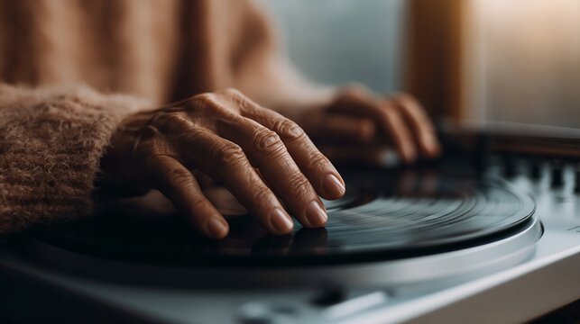 Close-up of hands adjusting vinyl record on turntable