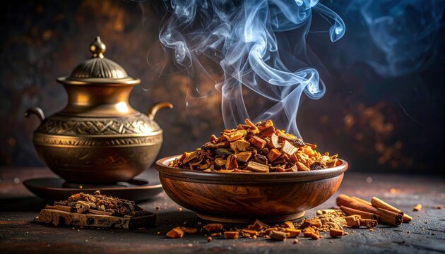 Aromatic Oud Wood Chips Filling a Rustic Bowl with Wisps of Fragrant Smoke