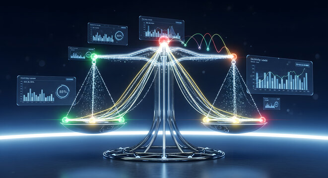 Digital Legal Justice Concept with Glowing Scales and Analytics. Conceptual illustration of the legal system and data governance, featuring a neon scale of justice balanced by data charts and digital 