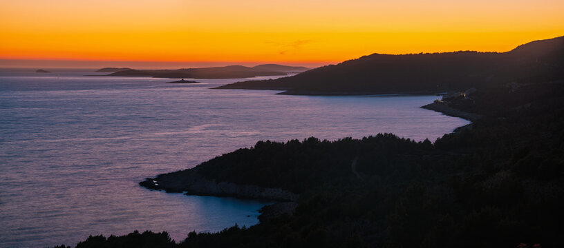  panoramic view of the coastline and the Paklinski Islands on the island of Hvar in the Adriatic Sea after sunset