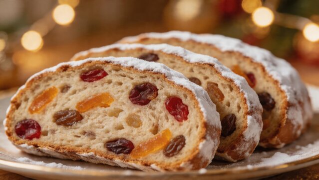 Slices of fruit bread dusted with powdered sugar