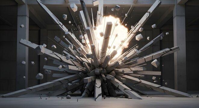 Explosion in a dark room with metal shards and debris flying everywhere