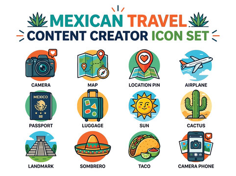 Mexican Travel Content Creator Icon Set Camera, Map, Passport, Luggage, Sombrero, Taco, Cactus, Landmark, Airplane, Sun, Location Pin, Phone