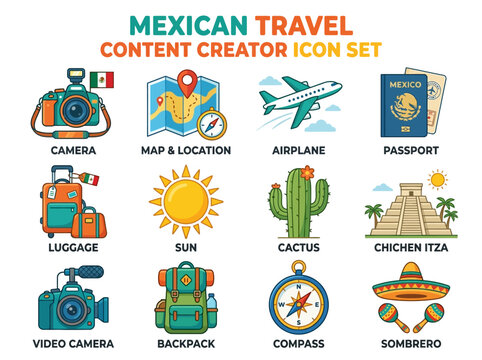 Mexican Travel Content Creator Icon Set for Tourism and Adventure Marketing