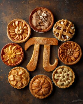 Small delicious fruit pies arranged in a circle around a large wooden math pi symbol on a dark rustic surface for a festive celebration of pi day