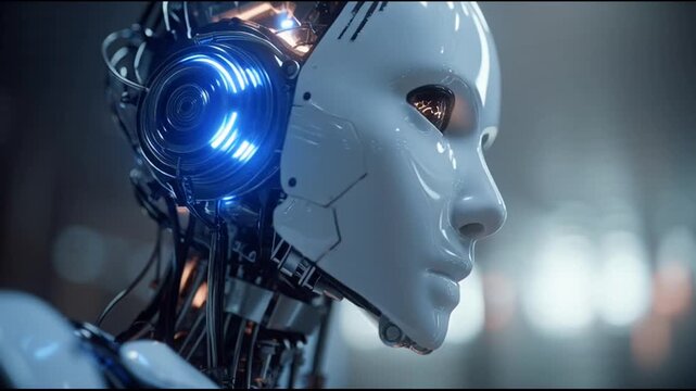 Closeup of robotic humanoid head.