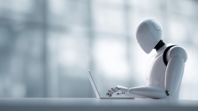 AI robot assistant helping human work on laptop in futuristic office