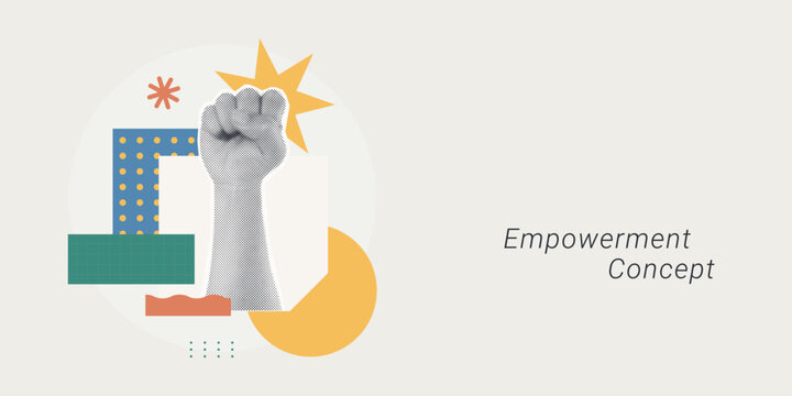 Trendy Halftone Collage of a halftone raised fist with a star burst and bold geometric shapes, symbolizing empowerment and strength, ideal for motivation, social, and corporate culture content.
