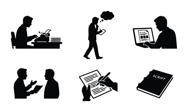 business activity set with human figures and documents (typing walking thinking reading writing script)