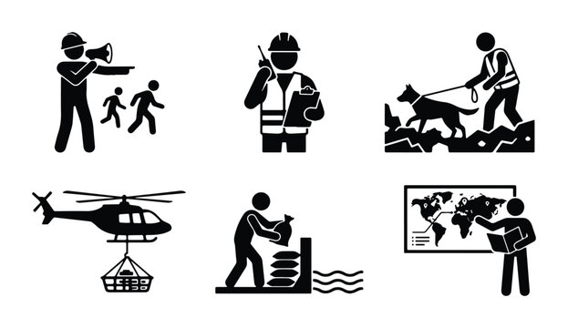 set of six black and white vector silhouettes depicting various activities such as construction work emergency
