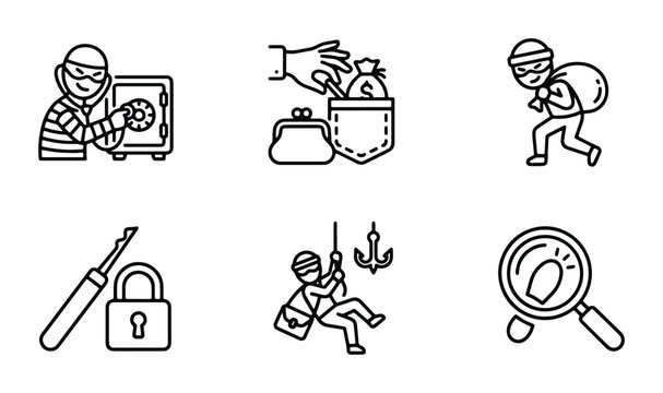 set of vector icons featuring various actions related to theft and securing oneself from it