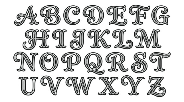 The ornate alphabet set displays letters A to Z in decorative font on a white background.