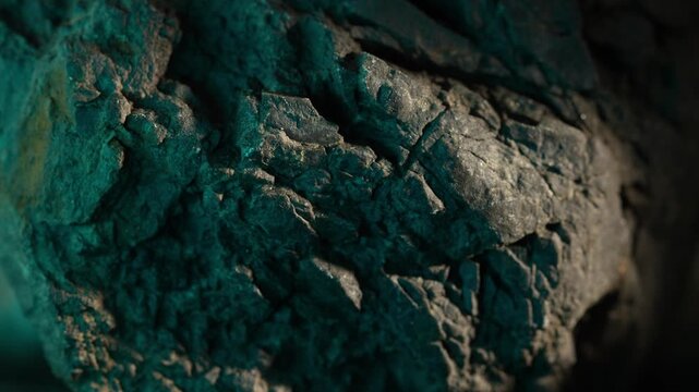 Sunlight beam moving across cracked rock surface with green tones