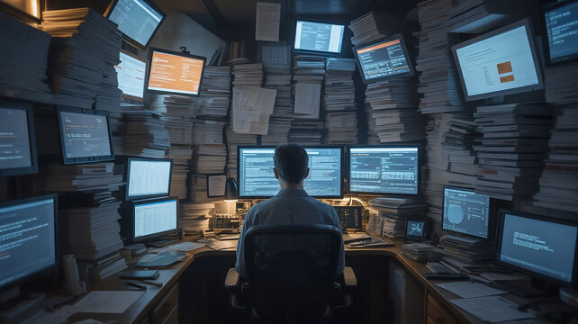 Digital overload scene with excessive screens and data streams representing burnout stress and information pressure in modern technology driven environments