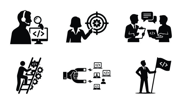 Software engineering and coding team collaboration symbols in black and white style