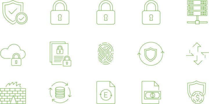 Security and technology line icons set on transparent background for digital protection and cloud services.