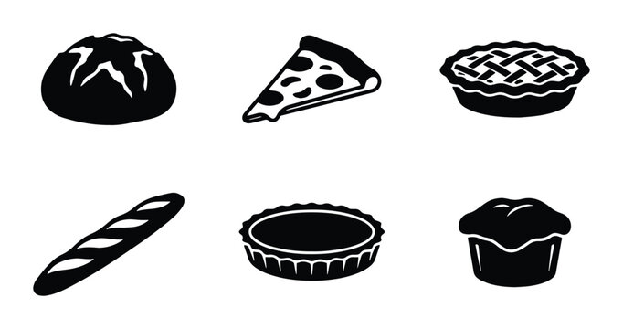 vector set of six black and white silhouettes representing various types of bread and baked goods on a clean background