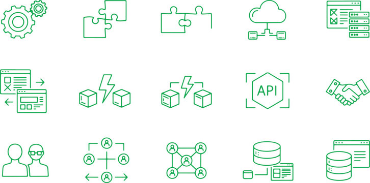 Technology and business icons depicting connectivity, data, and collaboration on transparent background.