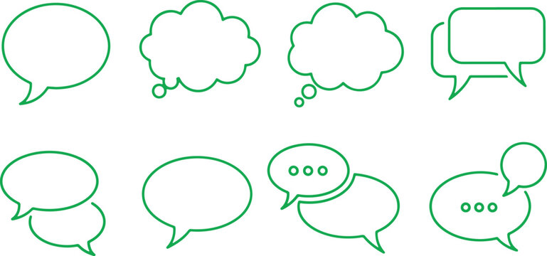 Collection of green speech bubble outlines on gray checkered background with transparency.