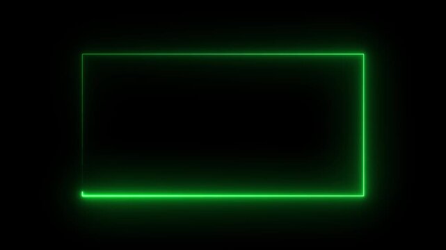 Neon green glowing rectangular frame border animation on black background, for digital overlay rectangle.