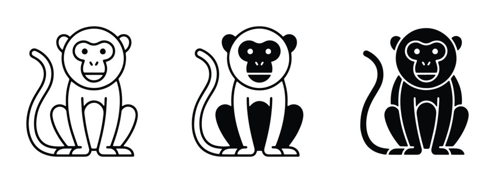 simple black and white vector icons of three monkeys sitting down
