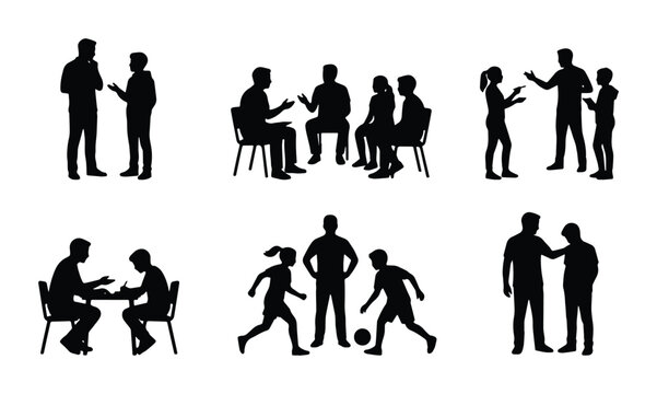 Silhouette icons set showing individuals and groups engaged in different activities such as talking playing sports