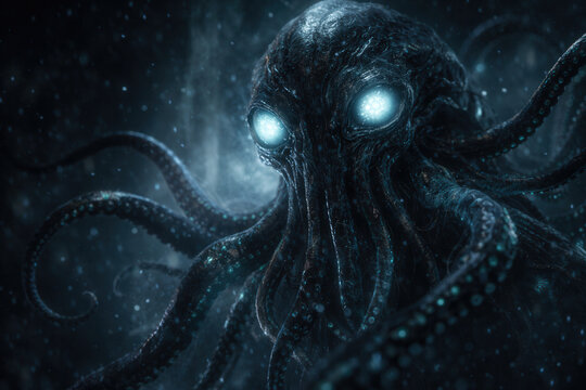 Dark Tentacled Sea Monster With Glowing Eyes