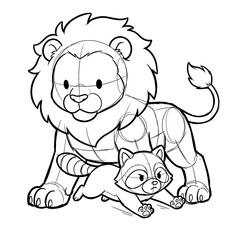 Fototapeta premium Chibi raccoon sliding between legs of giant lion base.