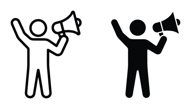 simple black and white vector icons showing two figures holding up arms and speaking into megaphones