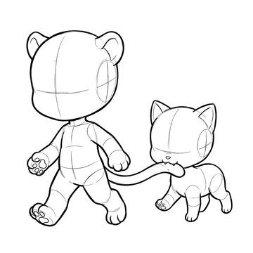 Chibi female cat carrying long tail of panther in mouth.