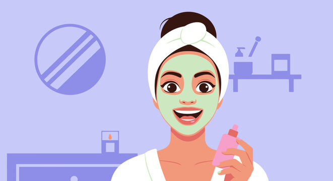 Woman with a green face mask and towel on her head.
