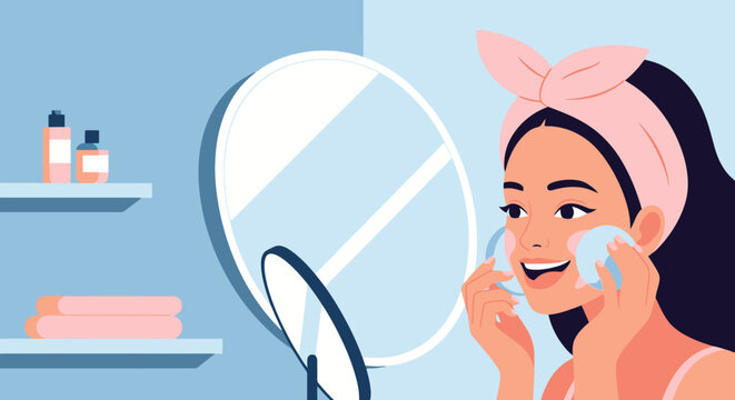 Young woman with a headband applying facial cleanser to her cheek.
