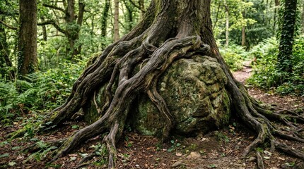 Obraz premium Ancient tree roots stone, premium stock concept with strong commercial appeal, clean composition, high search relevance, refined details, balanced perspective, elegant color harmony, refined mood,