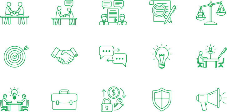 Business and finance icons representing partnership, negotiation, and success on transparent background.