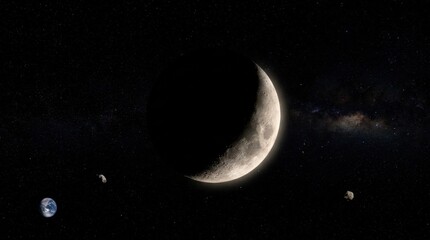 Naklejka premium Crescent moon illuminated against a dark black sky in outer space, serene night sky and astronomy concept with clean celestial composition, subtle glow, realistic detail, no logos