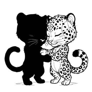 Chibi panther and leopard leaning foreheads close.