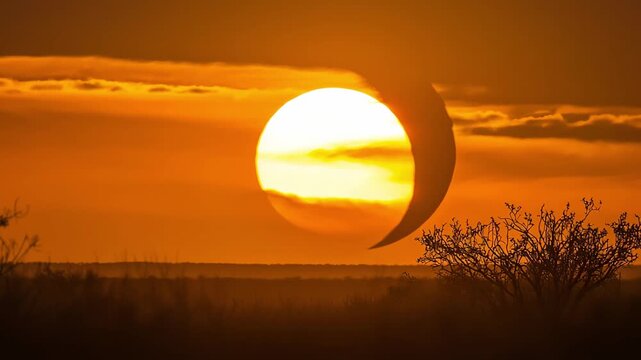 An eclipse occurs as the sun sets over a desert landscape, creating a unique silhouette against the horizon
