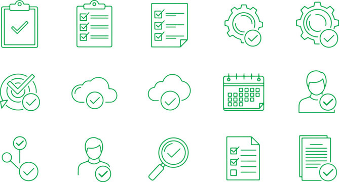 Set of green line icons for workflow project management and task completion on gray grid.