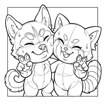 Chibi husky and red panda squishing cheeks in photobooth.