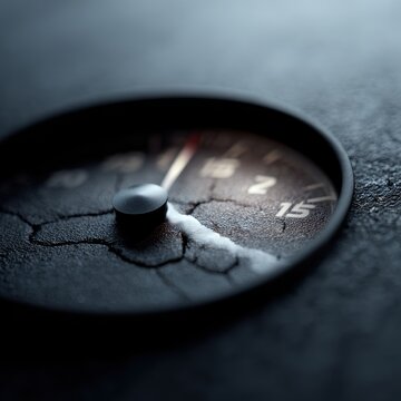 Cracked fuel gauge pointing to empty during fictional energy shortage