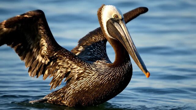 A close-up shot of a brown pelican swimming in calm blue water featuring its distinctive beak and feathers in natural sunlight with a serene wildlife atmosphere