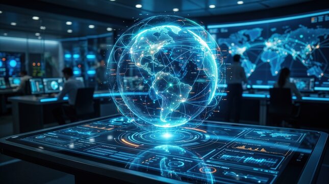 Holographic globe projection technology, glowing Earth visualization above a sleek digital interface, global connectivity, innovation and data communication concept for business and science themes,