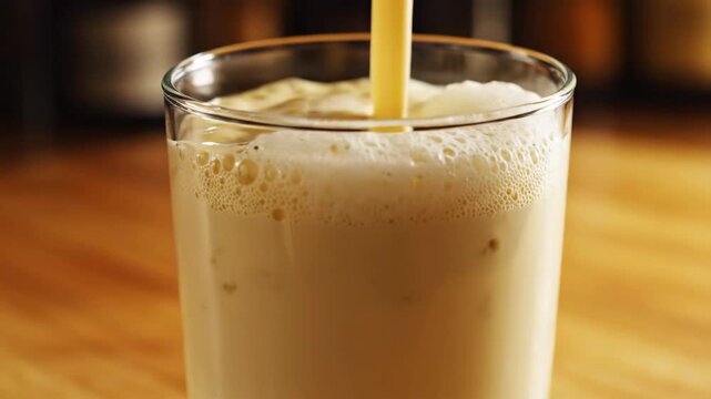 Creamy banana milkshake cascades into a tall glass, creating a frothy delight perfect for a refreshing treat.