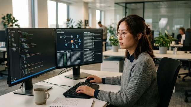 Asian female software developer concentrating on computer screen in modern office. Concept of cybersecurity, programming, digital systems, and intelligent information technology career, technology