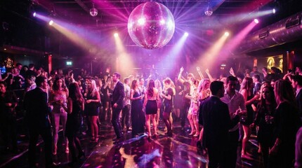Obraz premium Sparkling disco ball under bright pink and purple stage lights reflecting on the floor, nightlife party scene with vibrant club energy and glamorous atmosphere, no logos