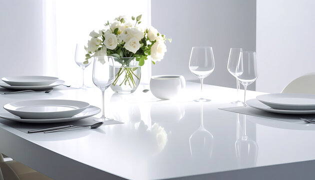 Elegant dining table set with white roses in a vase, clean white plates, and crystal wine glasses, bright natural light, minimalist setting for a formal meal or celebration