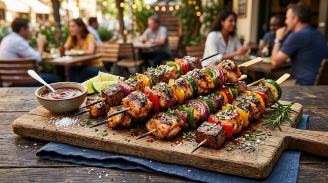 Grilled food skewers arranged in an appetizing composition, savory barbecue pieces with herbs and sauce for restaurant menu, catering and outdoor dining themes, rich charred texture and warm tones