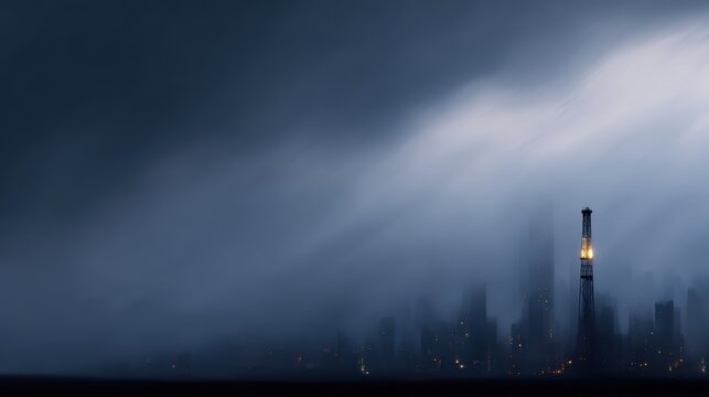 Dark corporate control concept with giant oil company tower dominating city