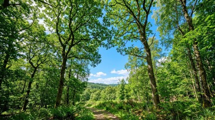 Fototapeta premium Green trees and blue sky, fresh natural landscape concept for environment, wellness and seasonal outdoor themes, leafy canopies reaching upward in bright daylight with clean air and peaceful mood,