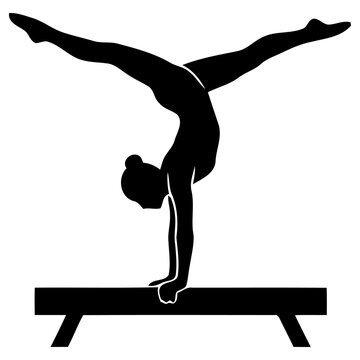 Black silhouette vector illustration of a professional female gymnast performing a challenging split handstand balance exercise on a sturdy wooden gym balance beam